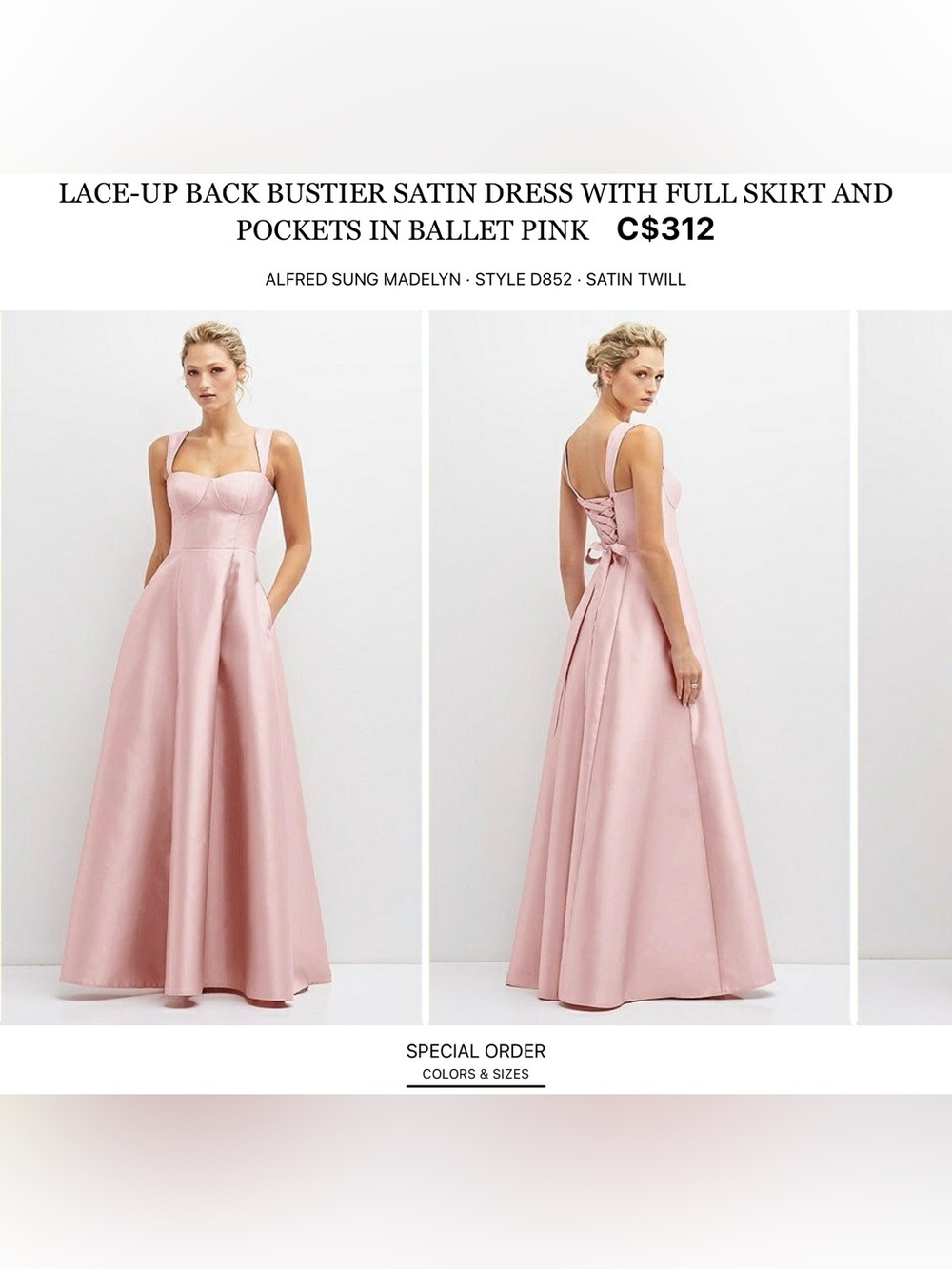 ALFRED SUNG Ballet Pink Satin Lace-Up Bustier A-Line Maxi Dress